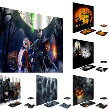 

4 Piece Halloween Shower Curtains Non-slip Bath Mat Base Carpet Cover Toilet Seat Cushion Set Halloween Bathroom Decoration