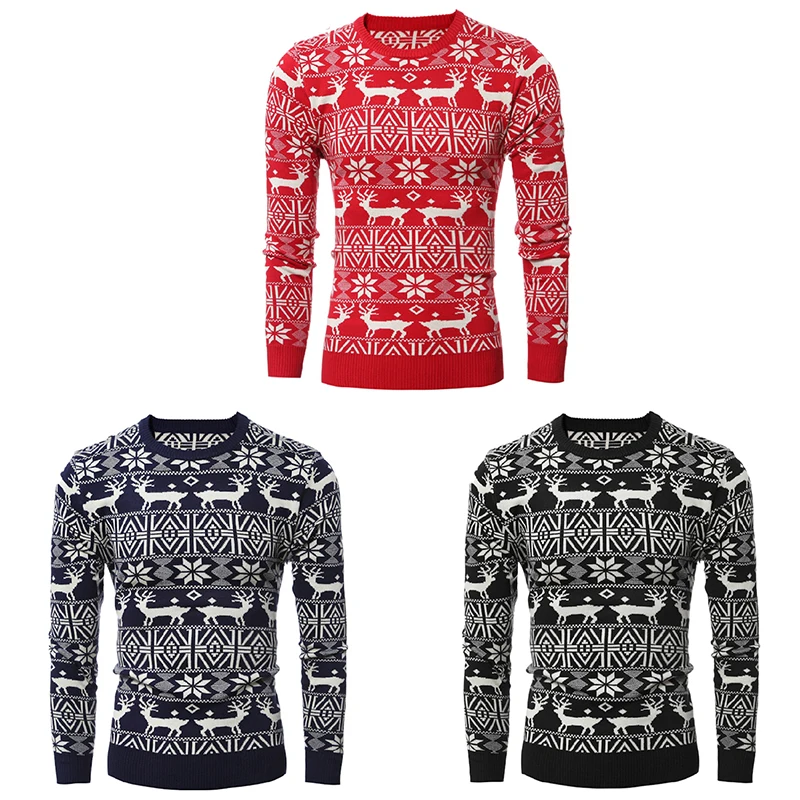 Новинка, рождественский стиль, мужской осенне-зимний пуловер, свитер с принтом оленя, длинный рукав, уплотненный, теплый, с круглым вырезом, свитера для мужчин, Pull Femme