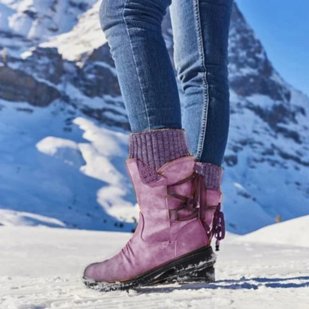 Puimentiua Winter Shoes Women Boots Basic Mid-Calf Boots Round Toe Zip Platform Decor Female Shoes Warm Lace Up Boots Shoes