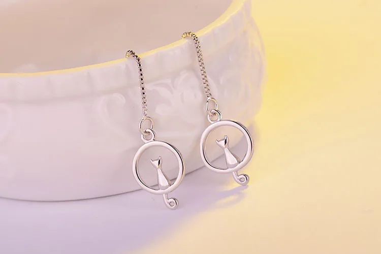 Dangle Earrings 925 Sterling Silver Moon Cat Long Tassel Earrings for Women