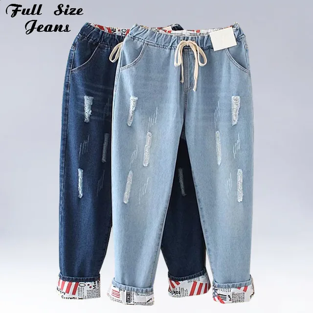 US $18.30 Plus Size Elastic Waist Hemming Boyfriend Loose Ripped Denim Harem Jeans 4Xl 5Xl Light Blue Girl'S 