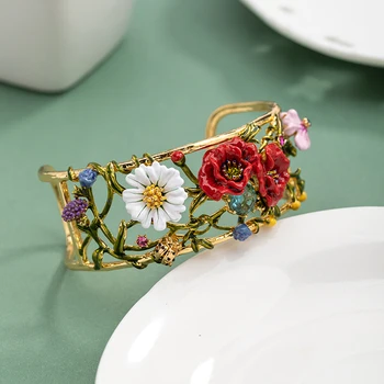 

Viking Bracelet Bangle French Roses Daisy Flowers Gem Openings Bracelet Women's Ultra Fairy Maiden Ins Wind Jewelry Personality