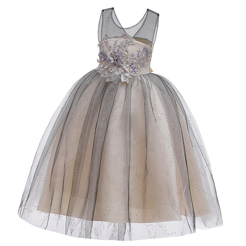 Новое Детское длинное платье в европейском и американском стиле, свадебное платье подружки невесты для девочек, платье принцессы с вышитыми цветами и блестками для девочек