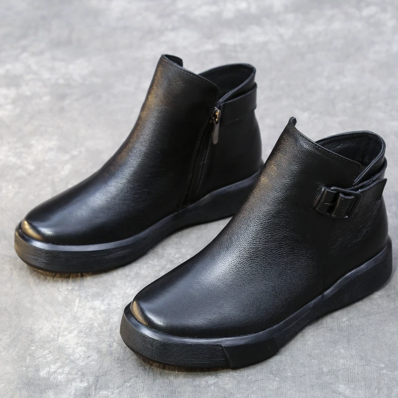 GKTINOO Winter Boots Women Genuine Leather Ankle Boots Plush Inside Handmade Soft Flat Shoes Retro Women's Shoes Boots