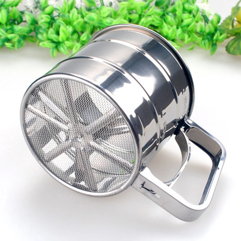 Stainless Steel Shaker Sieve Cup Mesh Crank Flour Sifter With Measuring Scale For Flour Icing Sugar