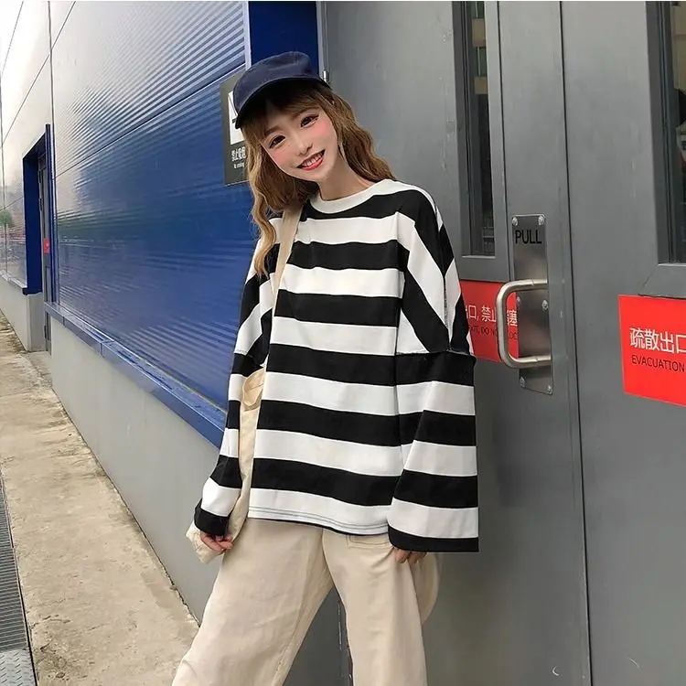 Harajuku полосатая рубашка уличная женская одежда корейский стиль с длинным рукавом Vogue Camisa Mujer Осенняя футболка для женщин размера плюс - Цвет: 03