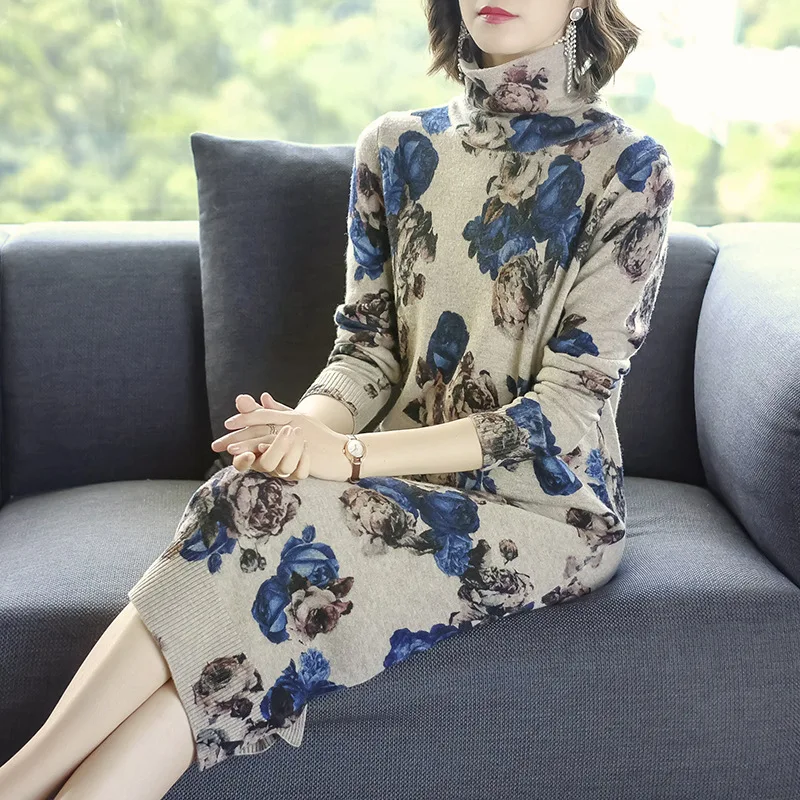 

2019 Autumn And Winter Large Size Loose-Fit Pullover Mid-length Sweaters Women's High Collar over-the-Knee Sweater Slim Fit Wool