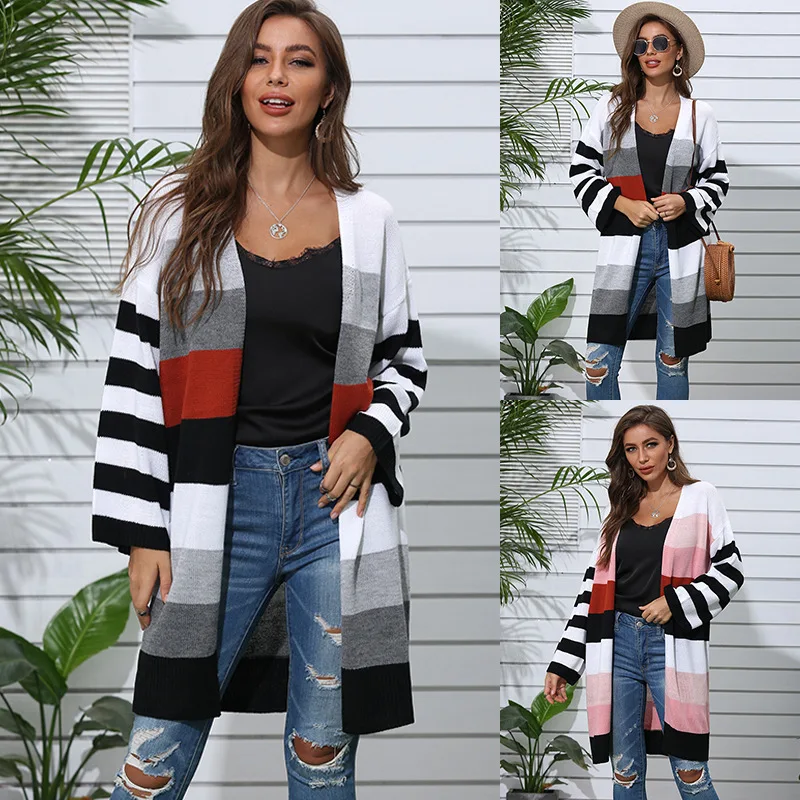 WEPBEL Contrasting Color Sweater Cardigans Autumn Winter New Women's Casual Knitted Cardigan Long Striped Stitching |