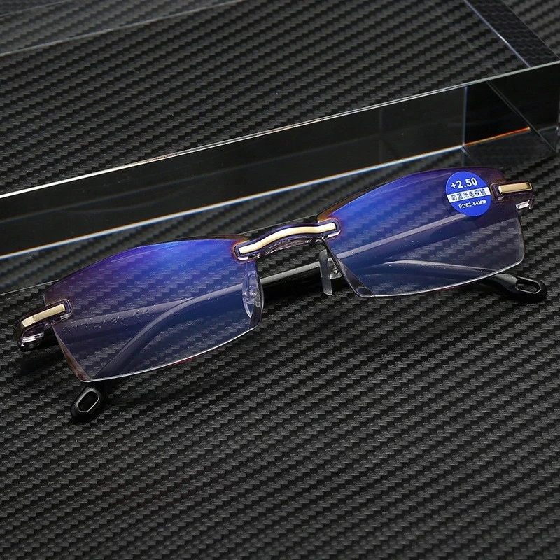 

Rimless Trimming Anti Blue Light Reading Glasses Resin Lens Hyperopia Eyeglasses With Diopter +100 150 200 250 300 350 400