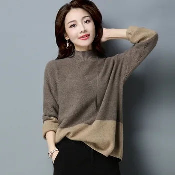

casual fashion wool patchwork color knitted sweater women jumper long sleeve turtleneck baggy loose pull jumpers ladies pullover