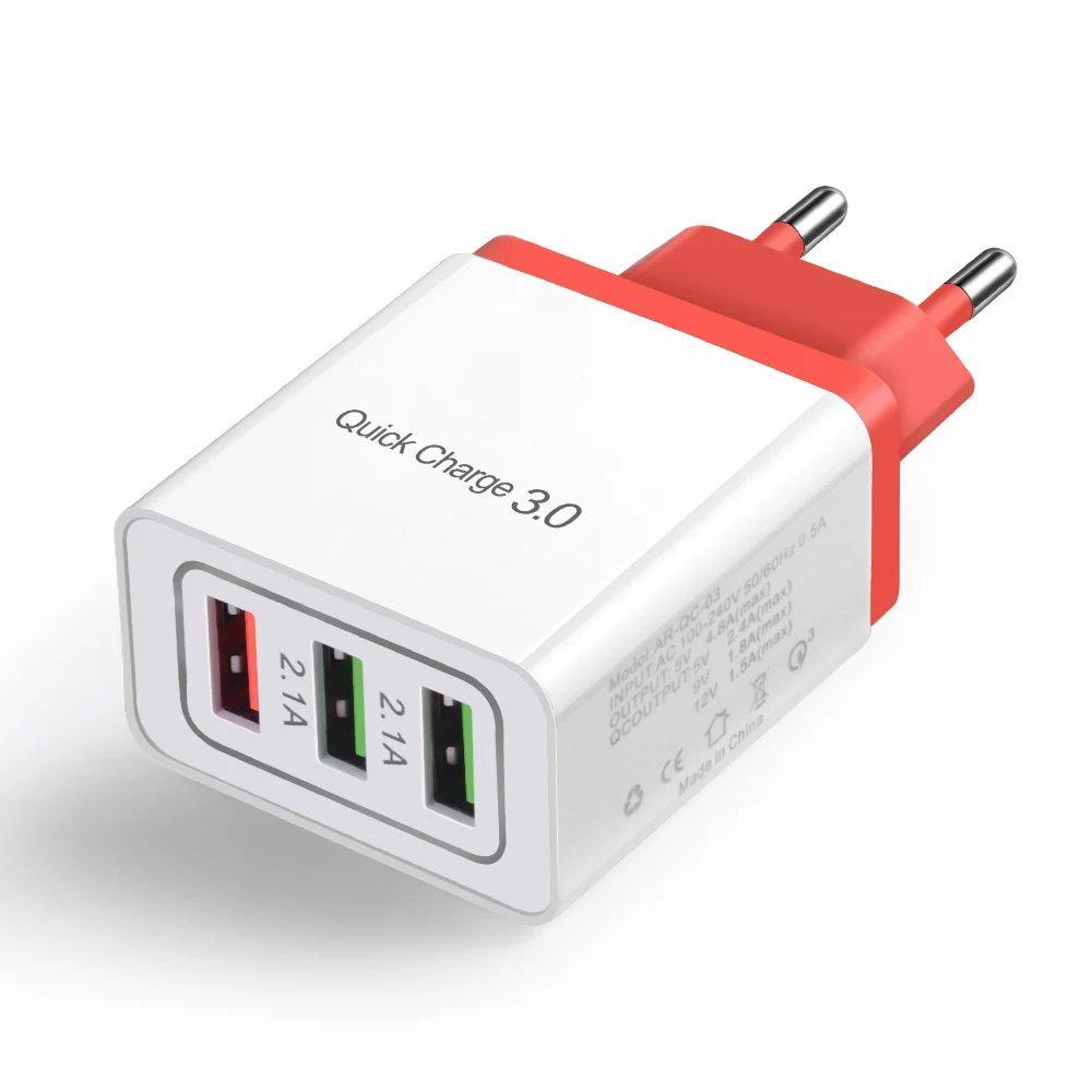 EU Red USB зарядное устройство Quick Charge 3,0 EU 3 порта Быстрая зарядка для iPhone Xs Max samsung S8 S9 huawei mate 20 Lite зарядное устройство для мобильного телефона s - Тип штекера: EU Red