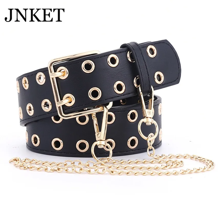 

JNKET New Women's Punk Double Pin Buckle Belt Grommet Rivets Waist Belt PU Leather Cinturon Chain Waistband Jeans Belt