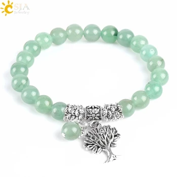 CSJA New Meditation Green Aventurine Women Bracelets Natural Stone Yoga Mala Prayer Rosary Beads Healing Reiki Tree of Life E748 1