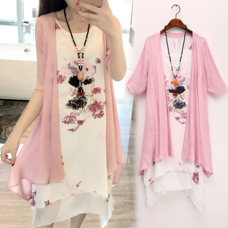 

Sc2019 Summer Fashion Sun-resistant Large Size Dress Fat Mm Long Sleeve Waipi + Sleeveless Dress Two-Piece Set Batch