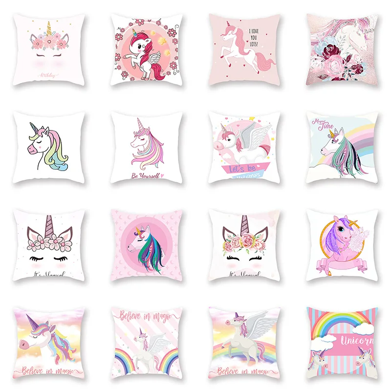 Милый чехол для подушки с рисунком единорога из мультфильма, квадратный чехол для подушки для детей, украшения для дня рождения, свадьбы, вечеринки 45x45 см
