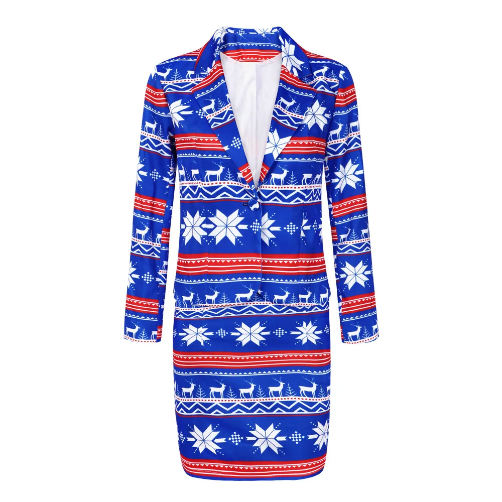 

Christmas Printed Suit Long Sleeve Slim Jacket + Short Skirt Two Piece Set