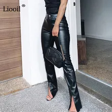 Aliexpress - Liooil Black Brown Faux PU Leather Slit Pencil Pants Women Slacks 2021 Streetwear Mid Waist Trousers Sexy Skinny Long Pants