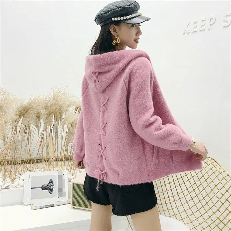 Пальто женский короткий параграф бархатный кардиган с капюшоном женская верхняя одежда осень и зима тонкий толстый Универсальный - Color: Pink