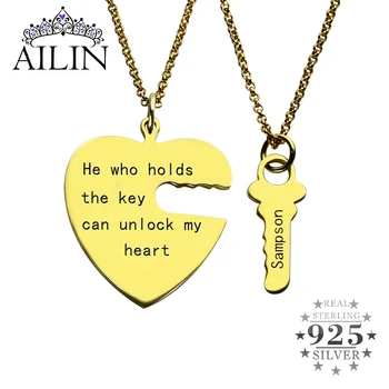

AILIN 925 Silver Couple Custom Pendant Necklace Key To My Heart Personalised Engraved Wedding Necklace Rolo Chain Jewelry