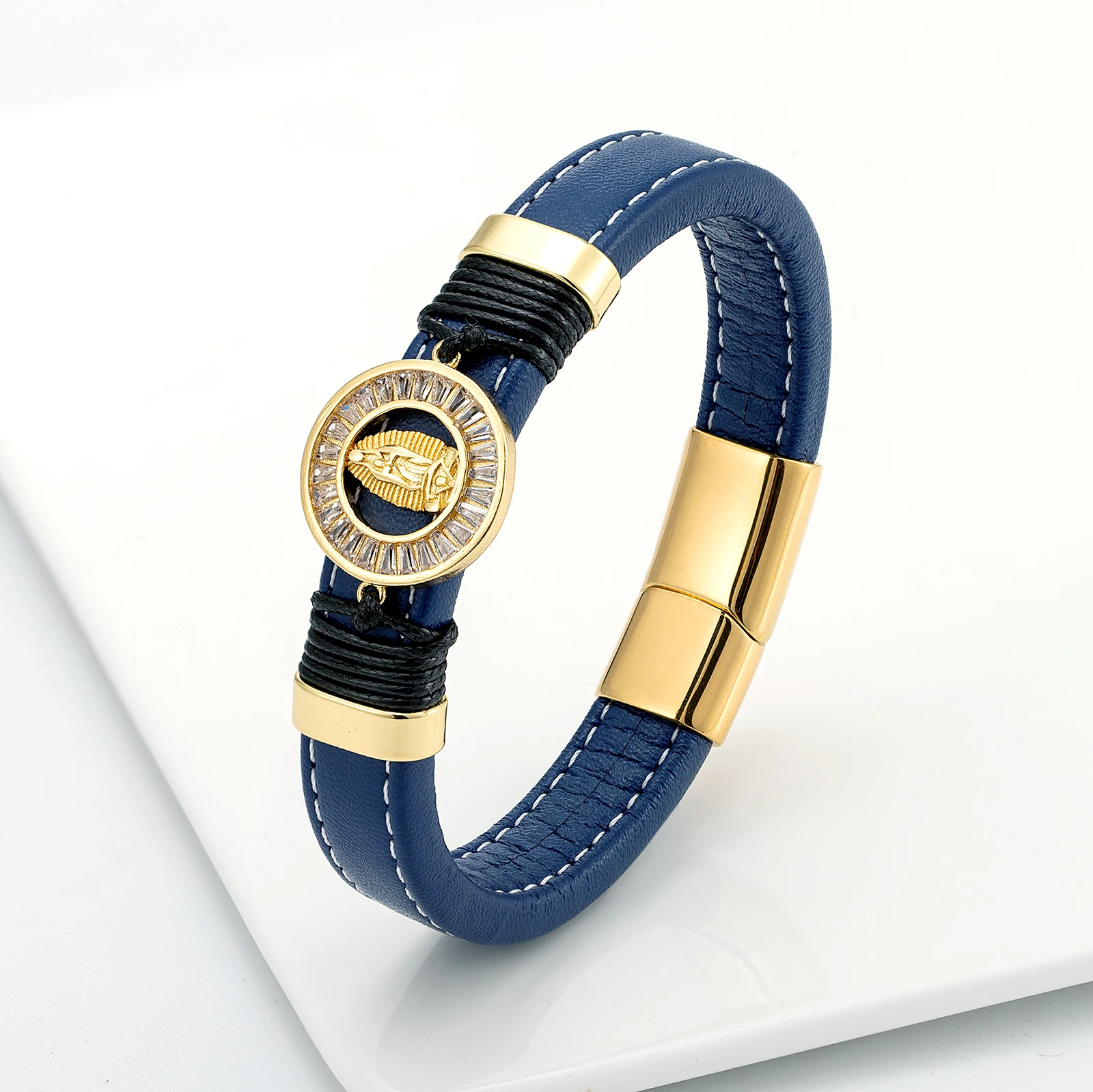 Fashion Match Micro Inlaid Zircon Virgin Goddess Charm Leather Bracelet Unisex Design Stainless Steel Bracelet bracelet jewelry