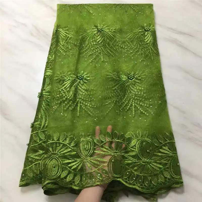 

Factory price Latest fabric 2019 African French net lace with stones and beads fabric for Nigerian Wedding Dress Winn978g Green
