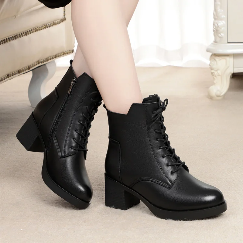 

Genuine Leather Winter Boots for Women Snow Shoes with Real Wool Warm Fur Booties Lace Up Heels Platform Boots Lady Ankle Boots