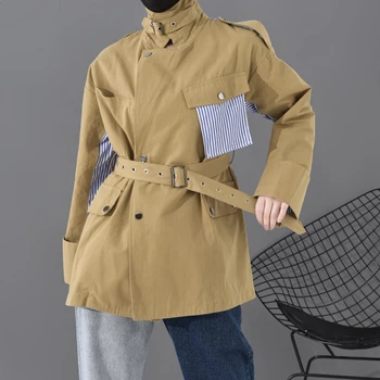 

LANMREM 2020 new spring turn-down collar full sleeves blue striped patchwork batwing styles single breasted short jacket WJ08504