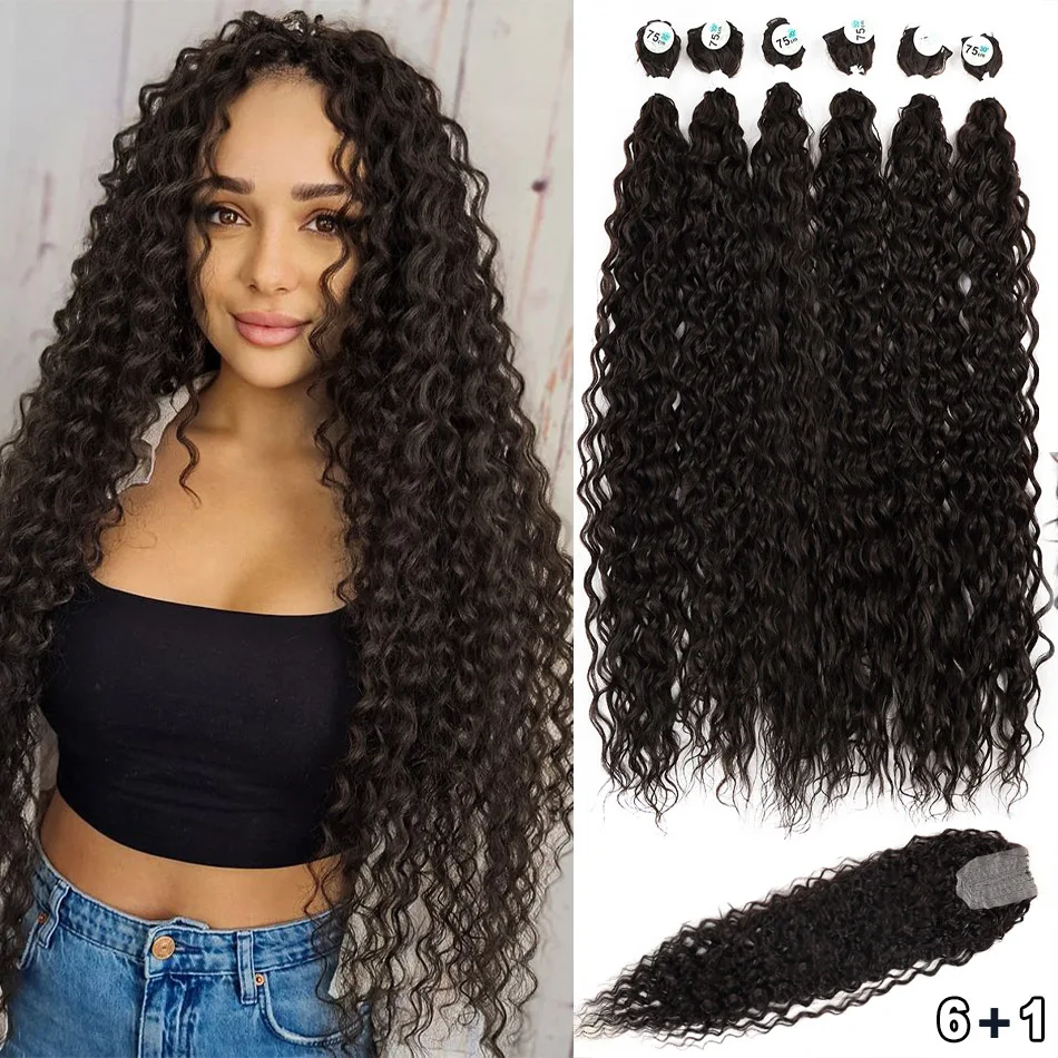 Kinky Curly Bundles With Closure Synthetic Organic Fake Hair Extensions Anjo Plus Deep Wave 32Inch Super Long Weave Afro Curls
