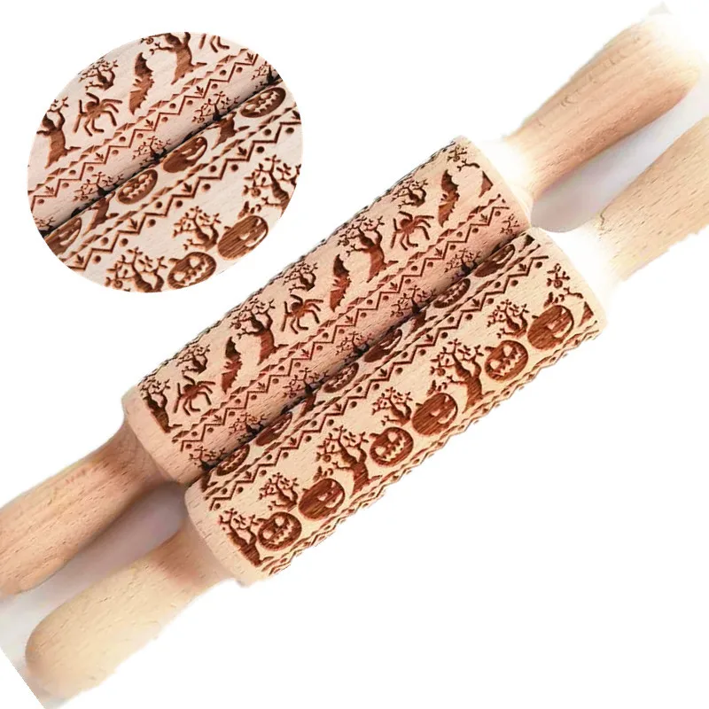 Christmas Rolling Pin Beech Fondant Biscuits Cookies Pressing Printing Pins Baking Appliances Embossed | Дом и сад