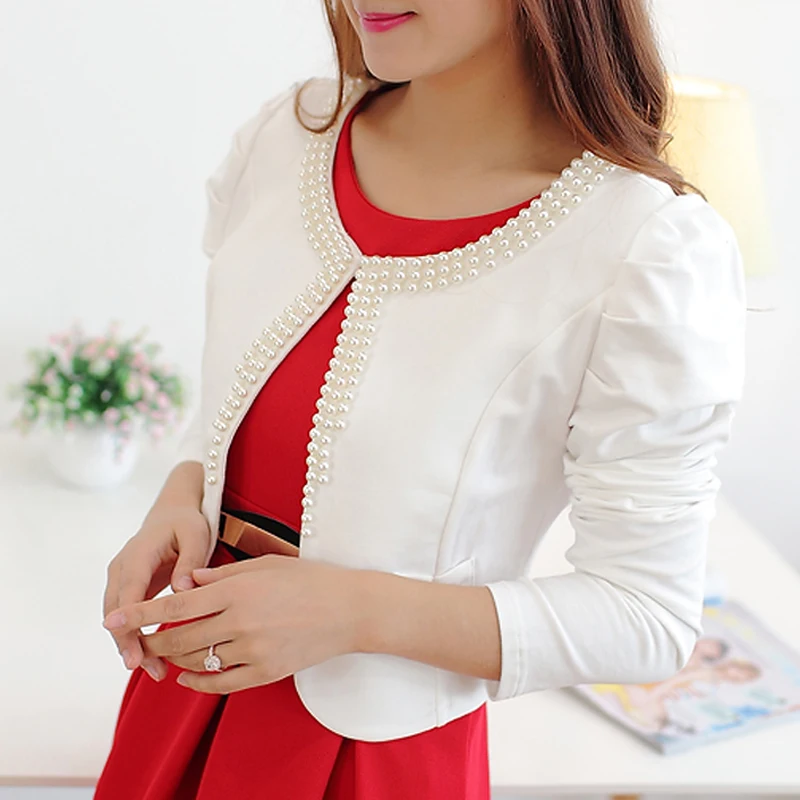 

Pearls Beading white women jacket 2019 autumn puff sleeve short jackets long sleeve slim high waist chaqueta mujer veste femme