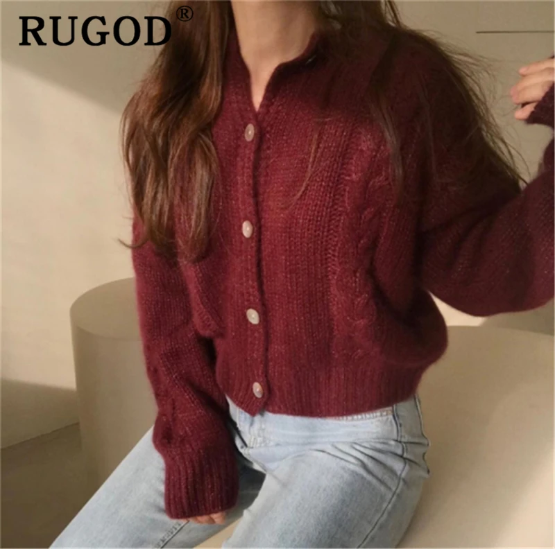 RUGOD, новинка, корейский витой женский кардиган,, Ретро стиль, однотонный, однобортный, зимний, теплый, вязанный, верхняя одежда, женский модный свитер