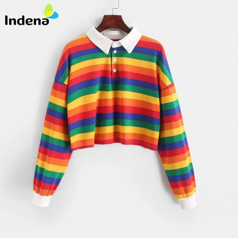 

2020 Rainbow Color Hoodies for Women Fashion Long Sleeve Sweatshirt Women Polo Collar Tops sudaderas para mujer