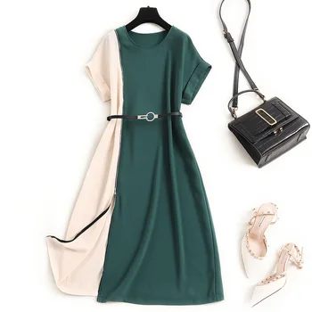 

Women color block elegant plus size dress summer 2020 short sleeve loose style zipper slit shift dresses belt green black