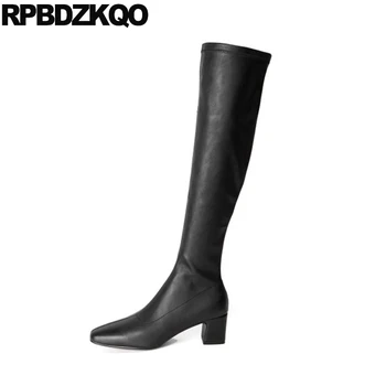 

zipper square toe shoes black long over the knee 2019 suede slim thigh women boots tall winter high heel fashion block chunky