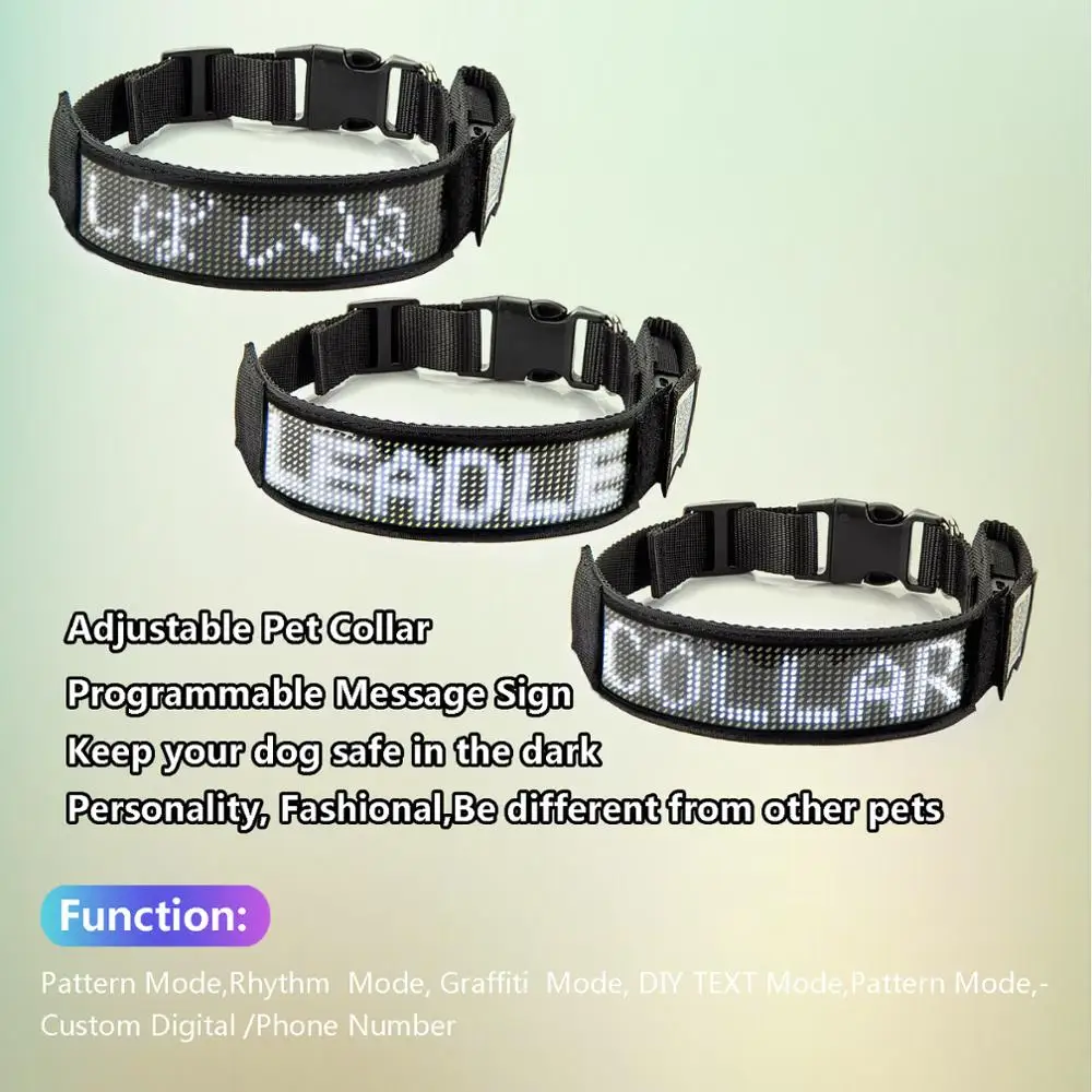 UNTSMART Led Dog Collar Programmable Bluetooth Scrolling Light lluminated Multi-Colored Personalized Text & Graphics-White