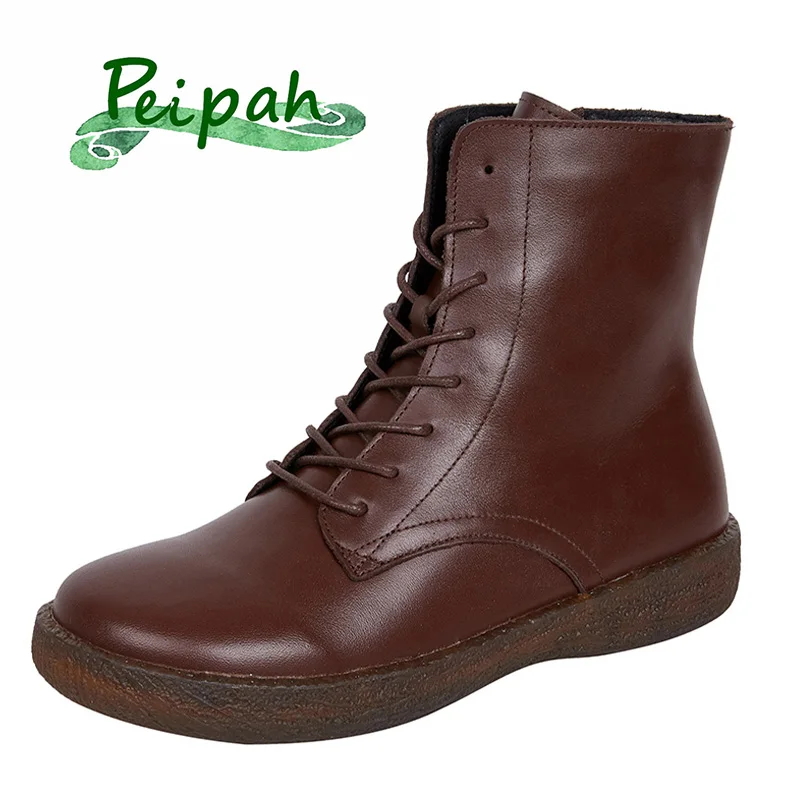 PEIPAH Autumn/Winter Women's Snow Boots Genuine Leather Shoes Woman Ankle Boots Female Retro Flat With Fur Shoes Ladies Zip Shoe