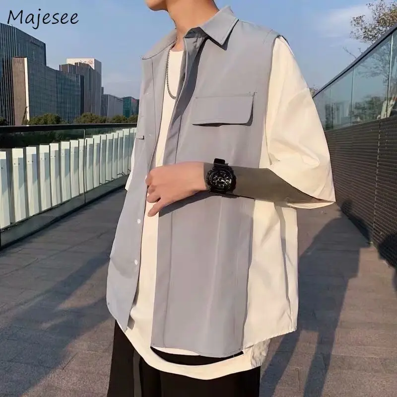 Men Shirts Patchwork Fake 2 Pieces Casual Loose Single Breasted Streetwear Hip-hop Harajuku Chic Mens Tops Trendy All-match New Men Shirts Patchwork Fake 2 Pieces Casual Loose Single Breasted Streetwear Hip-hop Harajuku Chic Mens Tops Trendy All-match New