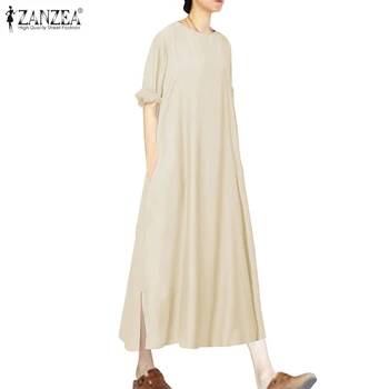 

ZANZEA Women Short Sleeve Sundress Women O Neck Half Sleeve Solid Color Loose Long Shirt Kaftan Dress Ankle Length Plus Size