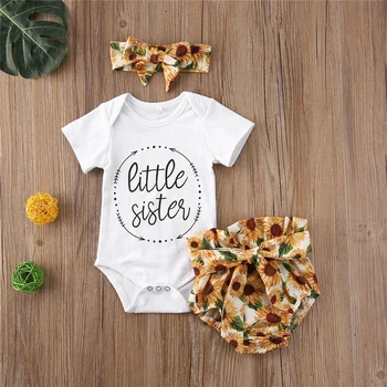 

2020 Baby Summer Clothing Newborn Infant Baby Girl Clothes Short Sleeve Romper Top Shorts Headband 3Pcs Floral Outfit Set