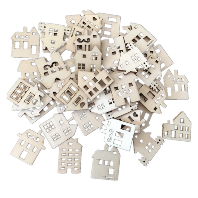 50Pcs Wooden House Shaped Embellishments Unfinished Wood