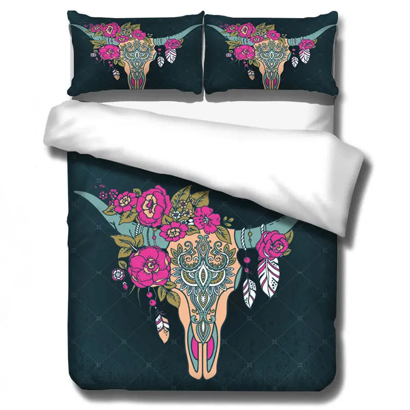 Boho постельный комплект с ловцом снов Племенной рога цветы пододеяльник