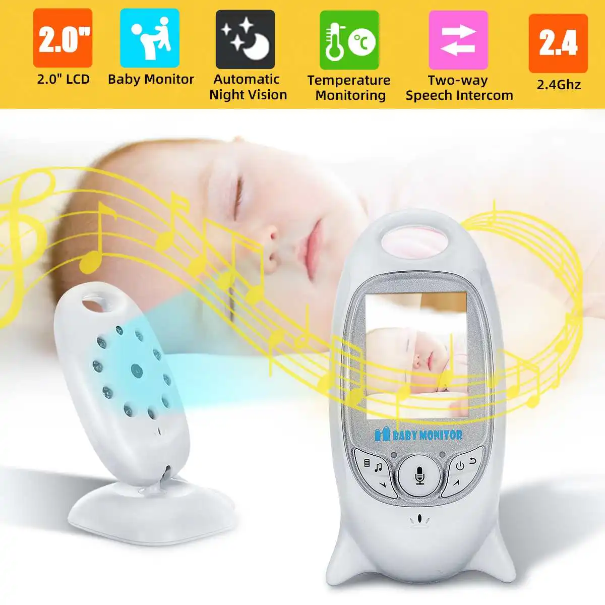 

Wireless Video Baby Monitors Color Security Camera 2 Way Night Vision Infrared LED Temperature Monitoring and 8 Lullaby