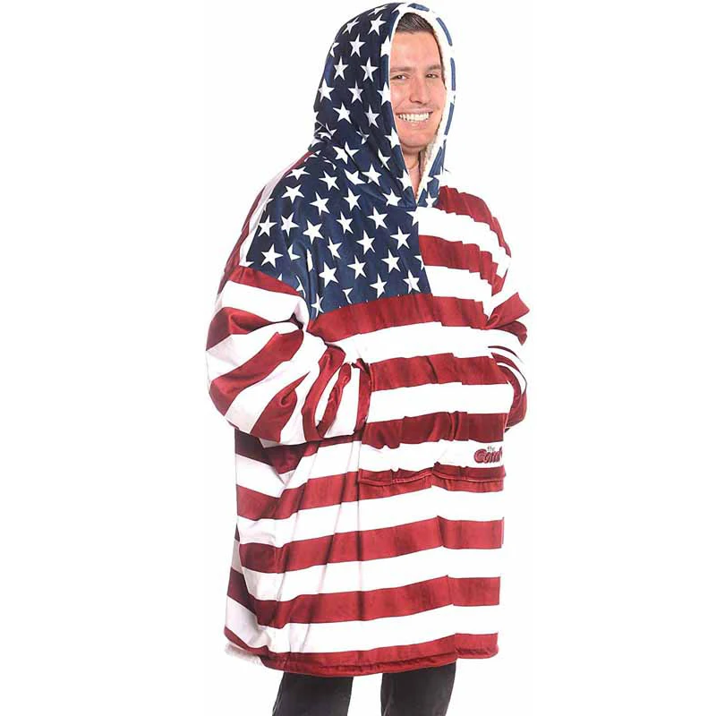 American Flag Hooded Blanket Man Women Gift Winter Sherpa 