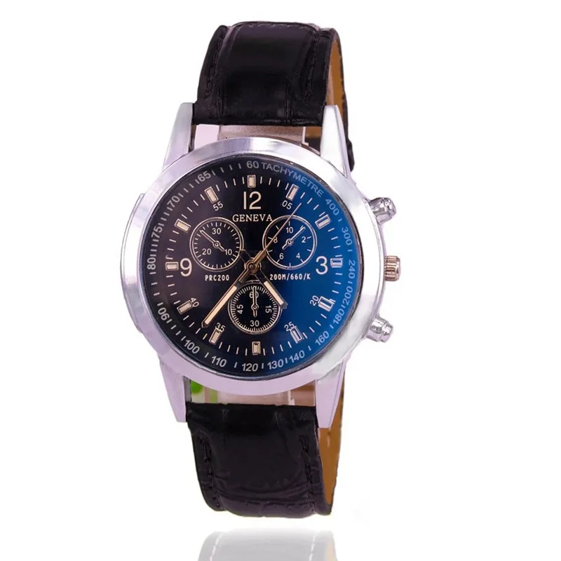 

Geneva Blueray Glass Three-Eyed MEN'S Watch Casual Quartz Watch Wechat Business Supply of Goods Leather Belt Fashion MEN'S Watch