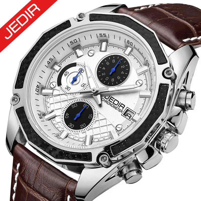 

Jedir Three-Eyed Six-pin Multifunction Quartz Watch Leather Watch Strap Students Night Light Watch 30m Waterproof 2015G