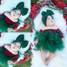 Милый Рождественский комплект одежды для маленьких девочек, новогодние кружевные топы с открытыми плечами для новорожденных девочек, зеленые юбки-пачки, рождественские наряды