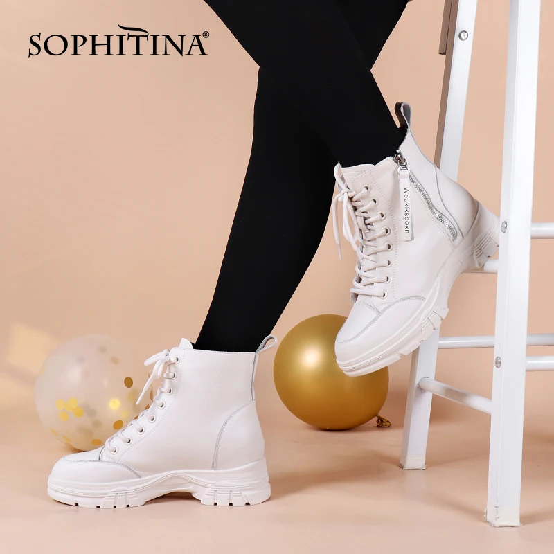 SOPHITINA Women's Shoes Leisure Sport Genuine Leather White Ankle Boots Round Toe Zipper Lace-Up Comfortable Women Boots WZ02