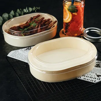 

Wooden Cake Box Disposable Take-out Bento Sushi Case Snack Container Oval Transparent Salad Bowl With Lid Japanese Diet Boxes