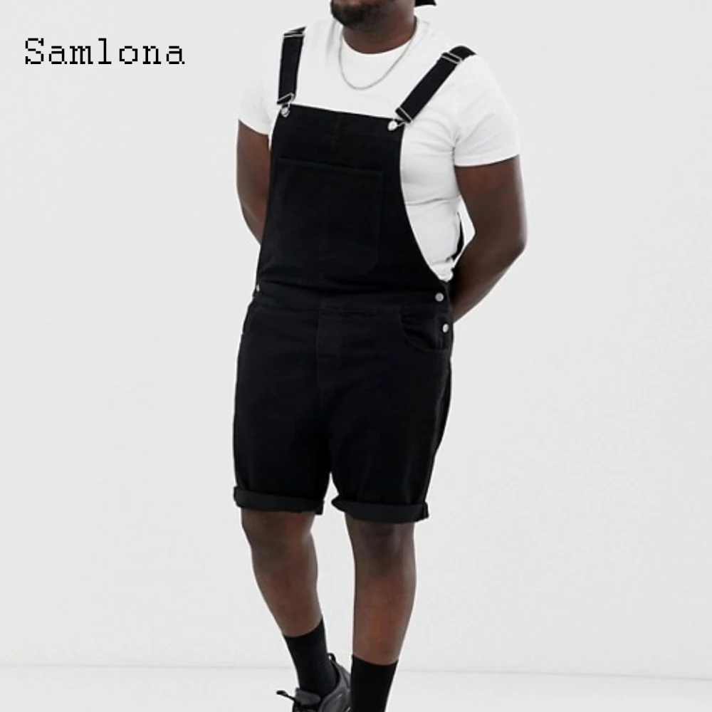 Samlona Plus Size Men's Fashion Jeans Denim Shorts Blue Multi-Pocket Suspender Rompers Jeans 2023 Summer Frayed Jeans Overalls