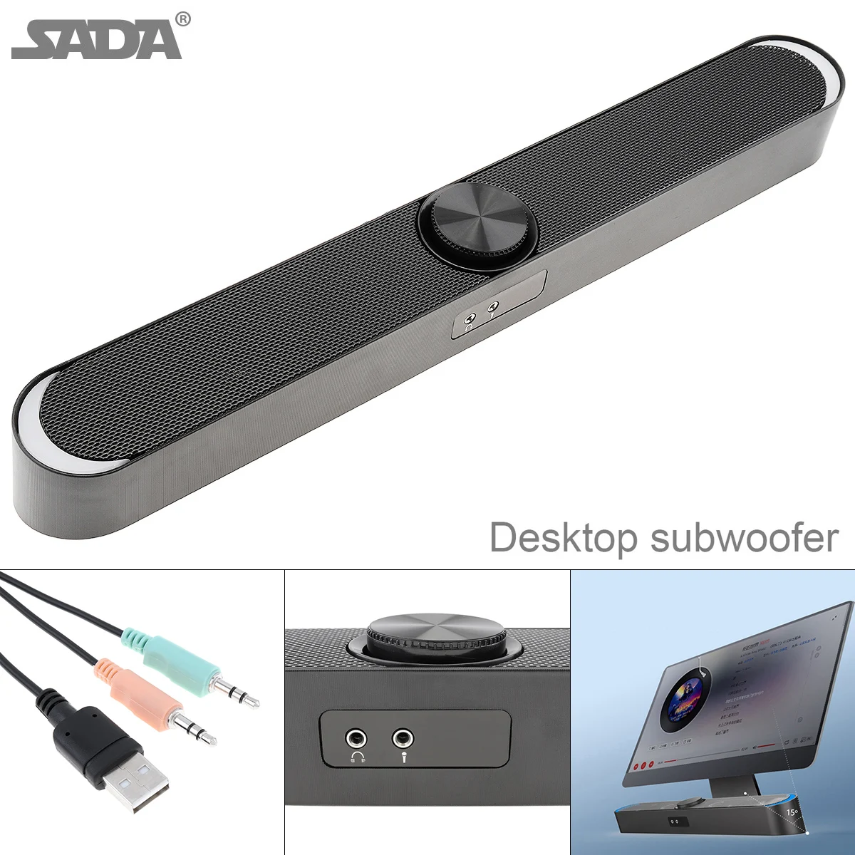 

SADA V-198 Bluetooth Multi-media Soundbars Desktop Computer Subwoofer Speaker Mini Strip Speaker with Stereo Surround for House
